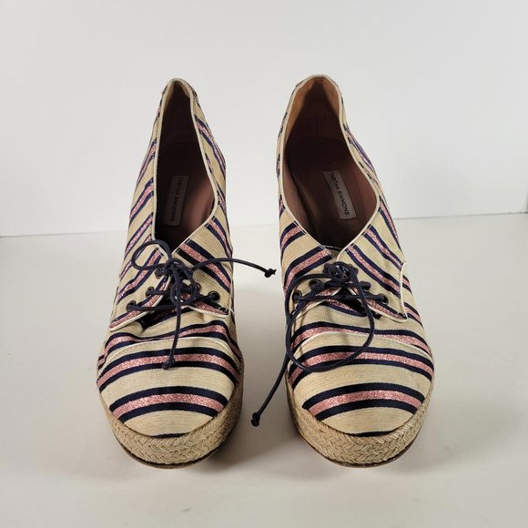 Tabitha Simmons STRIPED OXFORD WEDGE Pink Navy Espadrille Heels Women Sz 7.5 - Picture 9 of 11